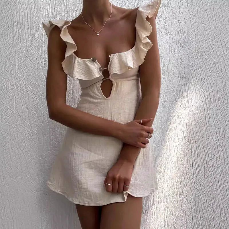 LIZAKOSHT  -  High Street Solid Buttoned Hollow Out Nightclub Dress Women Square Collar Mini Dress Sexy Lotus Edge Suspender Short Dress Trendy Mesh Mini Dress