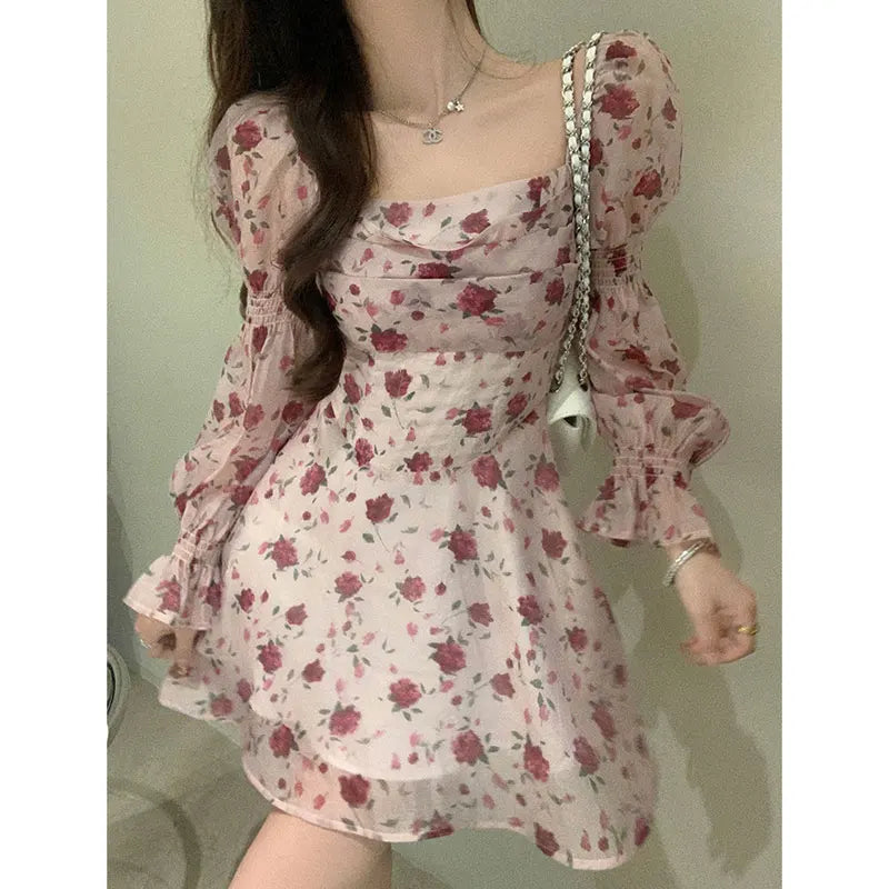 LIZAKOSHT  -  Korean Floral Pink Mini Dress Woman Spring Sweet Backless Long Sleeve Dress Party Elegant One Piece Princess Style A Line Dress Fashionable Button-Front Mini Dress
