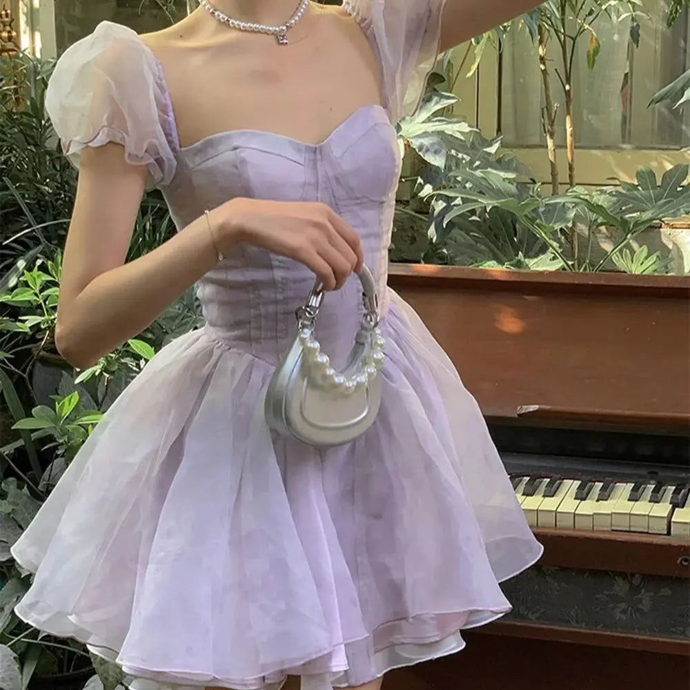 LIZAKOSHT  -  Mini Dress Puff Sleeves Purple Sweet Elegent Party Women Vintage French Fairy Dress Female Chiffon Korea Sexy Dress Summer 2024 Chic Halter Mini Dress