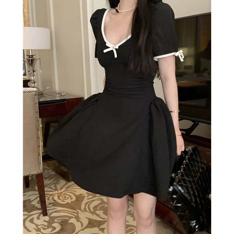 LIZAKOSHT  -  New Summer Sweet Y2k Black Mini Dress Sexy Bow V Neck Women Party Backless Dress Retro Hollow Out  Dress Korean Vestido Sundress Stylish Spaghetti Strap Mini Dress