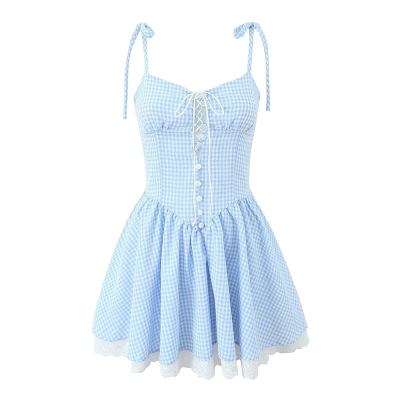 LIZAKOSHT  -  Sexy Elegant Women Lace Patchwork Front Bandage Sling Plaid Dress Low Waist Female Summer Mini Dress Party Robe Comfortable Fit-and-Flare Mini Dress