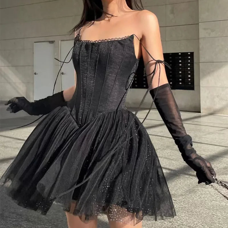 LIZAKOSHT  -  Slim Low Waist Party Skater Bow Lacing up Sling Robe Party Sexy Women Black Bling Spliced Mesh Bra Corset style Mini Dress Classic White Mini Dress