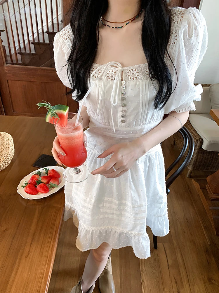LIZAKOSHT  -   Summer French Vintage Dress Women Elegant Hollow Out Mini Dress Solid Lace Puff Sleeve One Piece Dress Korean Beach Style Stylish Puff Sleeve Mini Dress