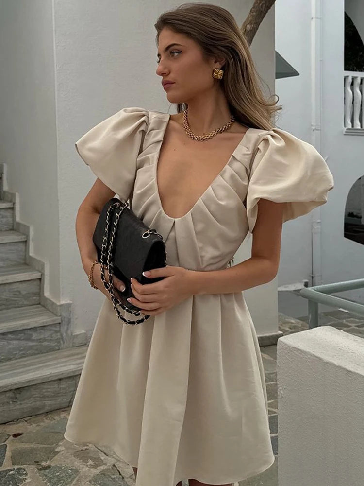 LIZAKOSHT  -  Sweet Solid Puff Short Sleeve Women Mini Dress Elegant V-neck Backless Pleated A-line Dresses 2024 Summer Lady Party Club Robes Fashionable Polka Dot Mini Dress