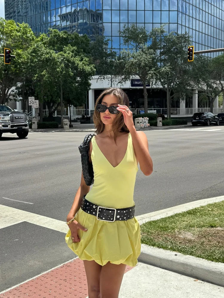 LIZAKOSHT  -  Yellow Ruffled Hem Patchwork Mini Dress Women Sexy Off Shoulder U-neck Backless Spaghtti Strap Dresses New Lady Chic Streetwear Cozy Satin Mini Dress