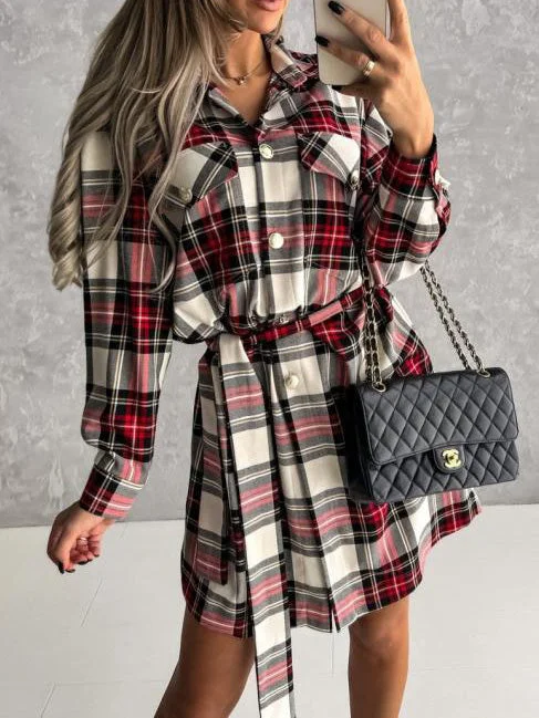 Long Sleeve Button Down Wrap Waist Plaid Mini Dress Stylish Sweetheart Neck Mini Dress