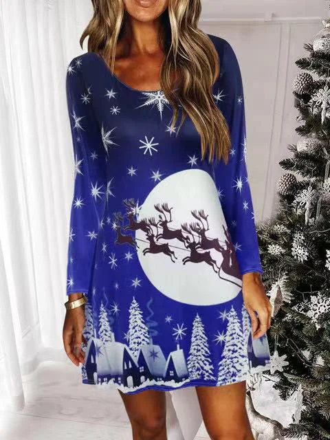 Long Sleeve Scoop Neck Christmas Mini Dress Stylish Ribbed Mini Dress