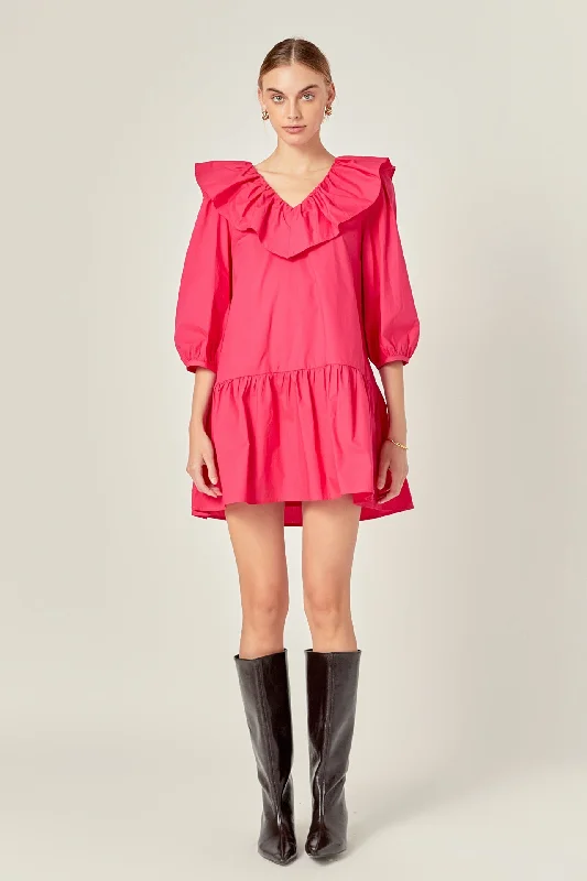English Factory - Long Sleeve V Ruffled Mini Dress Comfortable Smocked Mini Dress