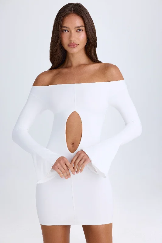 Off-Shoulder Cut-Out Mini Dress in White Elegant Satin Mini Dress
