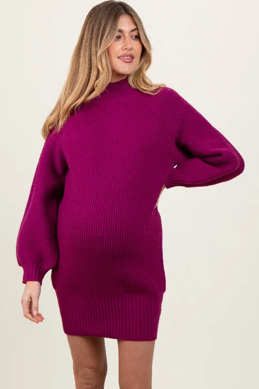 Magenta Mock Neck Maternity Sweater Mini Dress Fashionable Denim Mini Dress