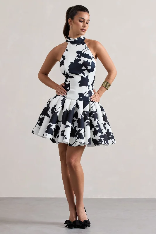 Masterpiece | Cream Floral Print High-Neck Mini Dress With Volume Hem Comfortable Polka Dot Mini Dress