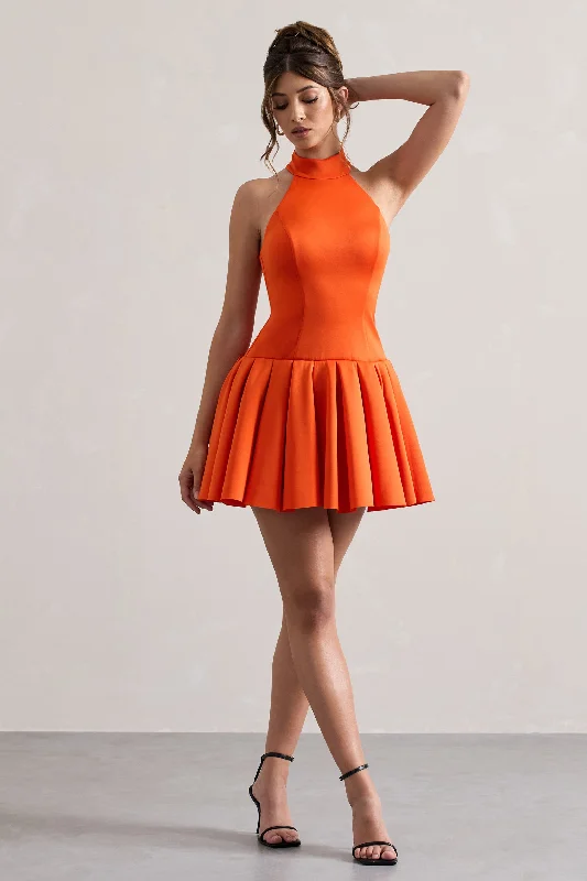 Masterpiece | Orange High-Neck Mini Dress With Volume Hem Stylish Short-Sleeve Mini Dress