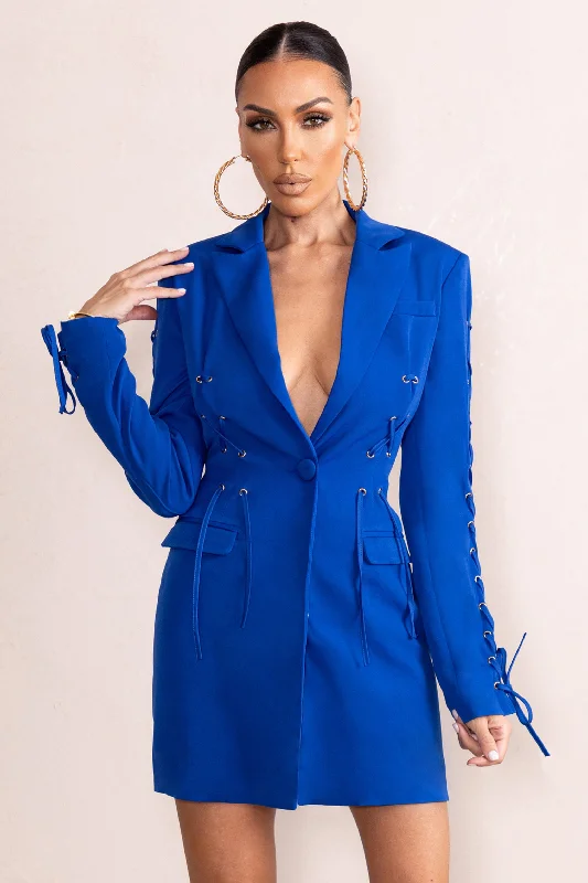 Material Girl | Electric Blue Tie Up Details Blazer Mini Dress Cozy Satin Mini Dress