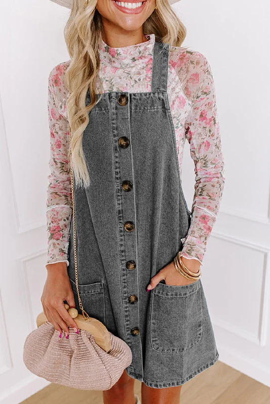 Medium Grey Wide Strap Button Front Pocketed Denim Mini Dress Stylish Short-Sleeve Mini Dress