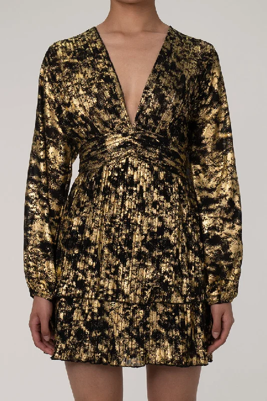 Metallic Plunge Cinch Waist Blouson Sleeve Pleated Tiered Skater Party Mini Dress Classic Floral Mini Dress