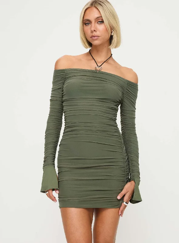 Moreno Long Sleeve Mini Dress Olive Trendy Lace Mini Dress