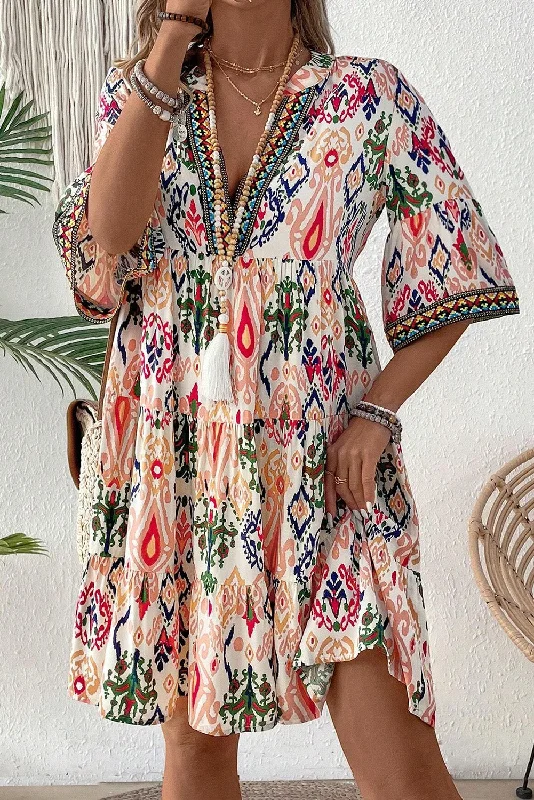 Multicolour Boho Print V Neck Bracelet Sleeve Mini Dress Comfortable Ruffle Mini Dress