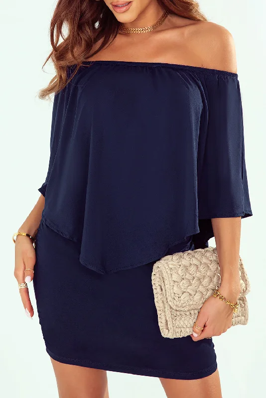 Dressing Dark Blue Flounce Mini Dress Comfortable Zip-Up Mini Dress