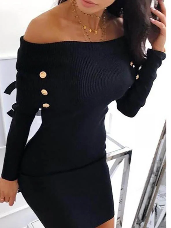 Off Shoulder Long Sleeve Bodycon Mini Dress Comfortable Zip-Up Mini Dress