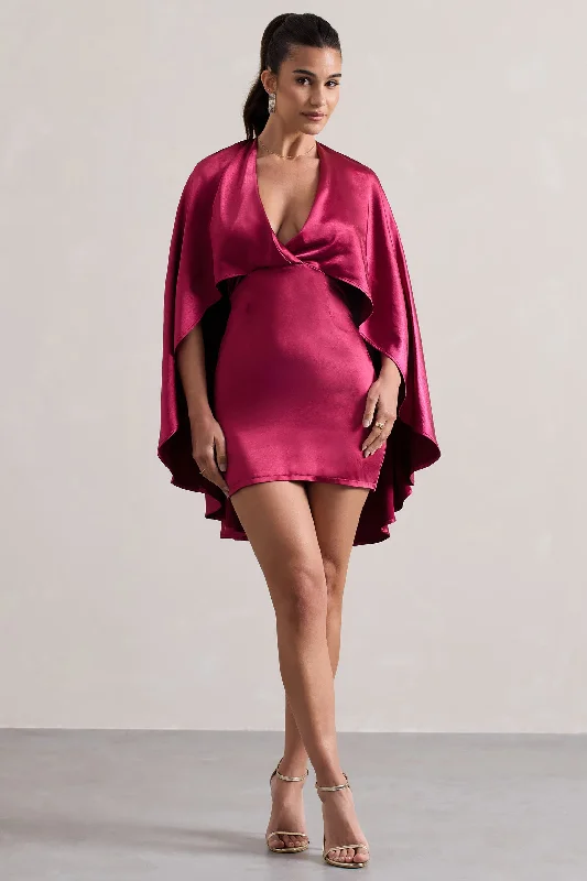 Olsen | Raspberry Satin Plunge-Neck Cape Mini Dress Elegant Vintage Mini Dress