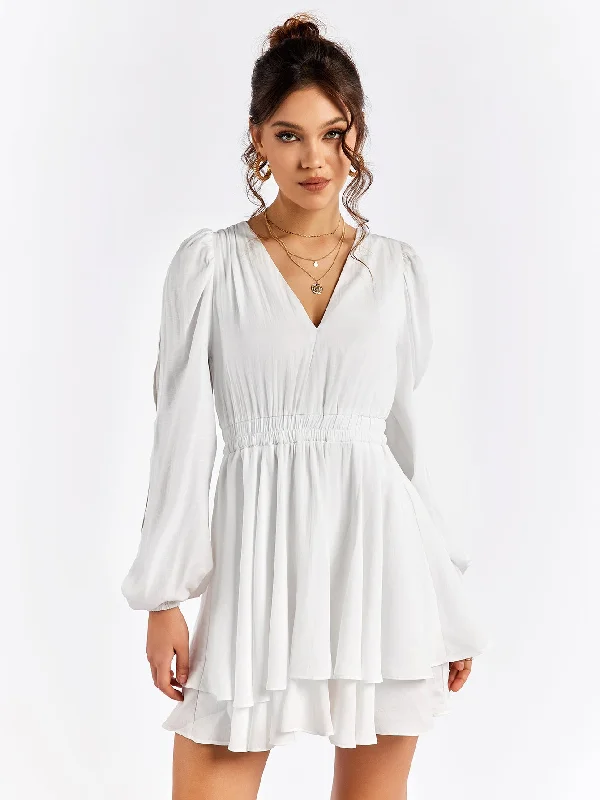 Openwork Sleeve V-Neck Tiered Mini Dress Fashionable Lace Mini Dress