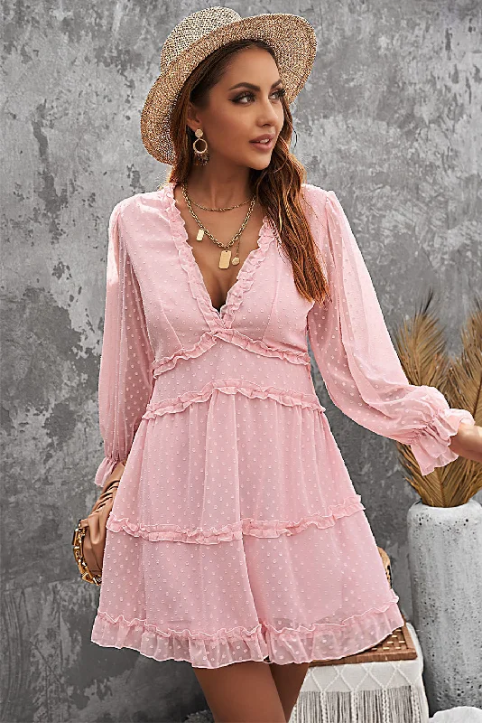 Pink Layered Ruffled Open Back V Neck Puff Sleeve Swiss Dot Mini Dress Classic Striped Mini Dress