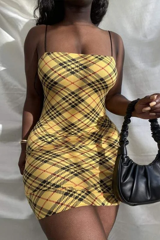 PLAID CAMI MINI DRESS Elegant Mini Dress with Pleats