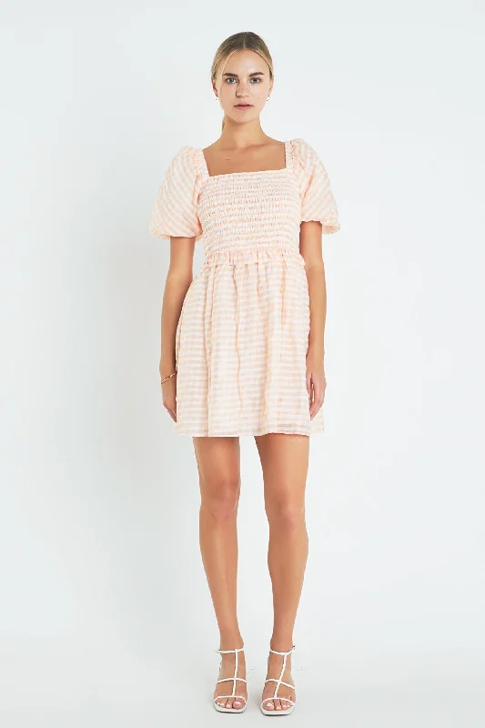 English Factory - Plaid Smocked Mini Dress Elegant Lace-Up Mini Dress