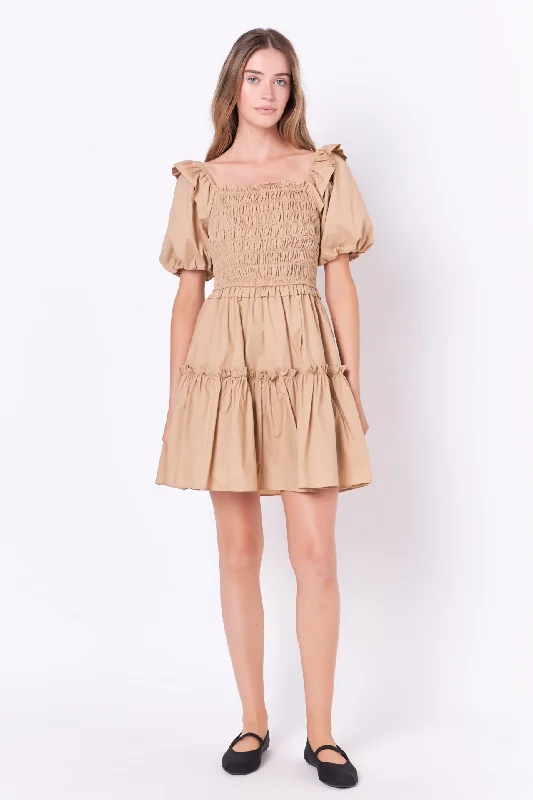 English Factory - Poplin Smocked Puff Sleeve Mini Dress Trendy Cut-Out Mini Dress