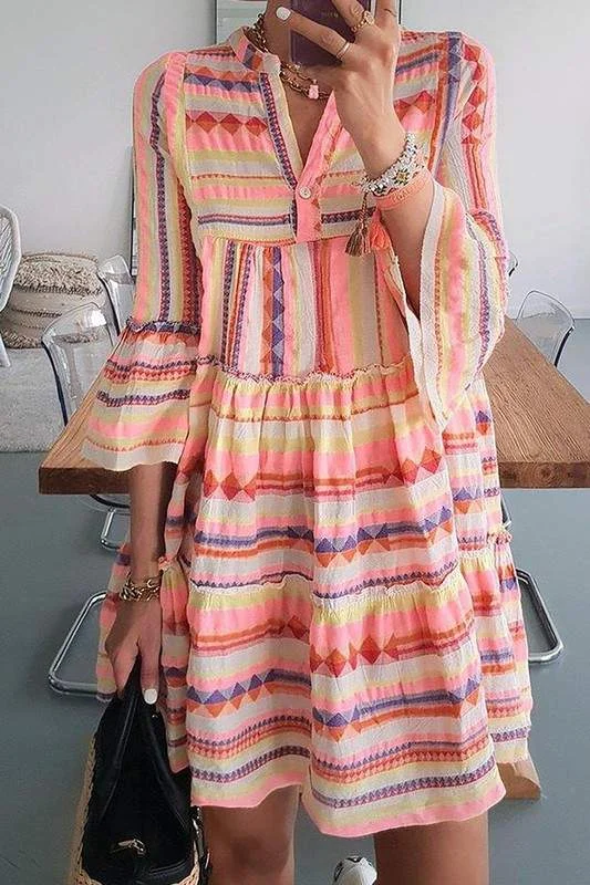 PRINT V NECK SHORT MINI DRESS Cozy Jersey Mini Dress