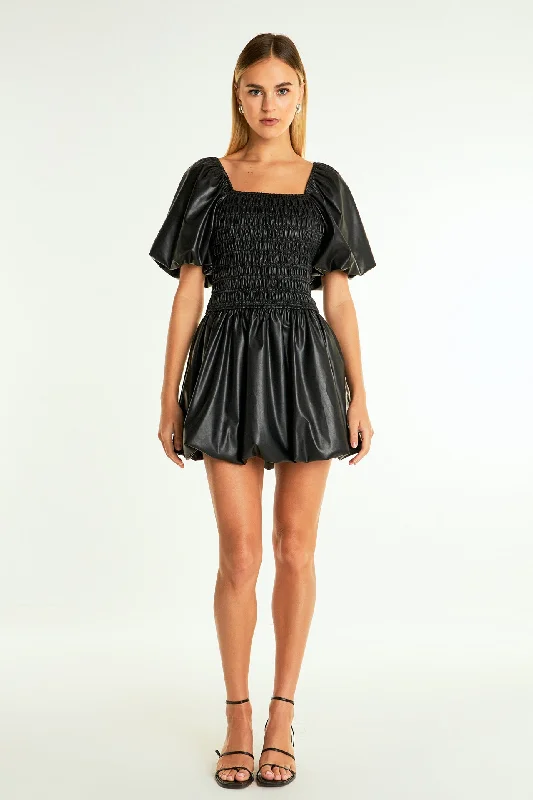 Endless Rose - Pu Smocked Balloon Detail Mini Dress Elegant Velvet Mini Dress