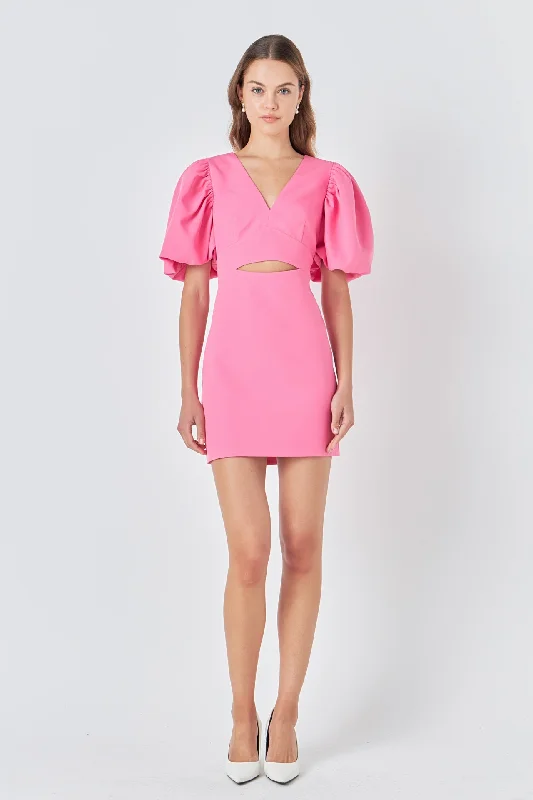 Endless Rose - Puff Sleeve Cut Out Mini Dress Stylish Short Sleeve Mini Dress
