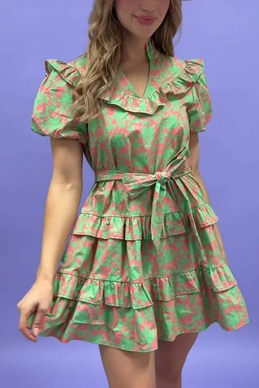 PUFF SLEEVE V NECK MINI DRESS Fashionable Mini Dress with Pockets
