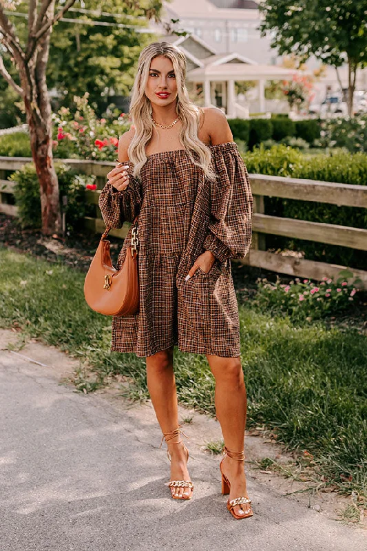 Pumpkin Spice Cutie Plaid Mini Dress in Brown Elegant Mini Dress with Ruffles