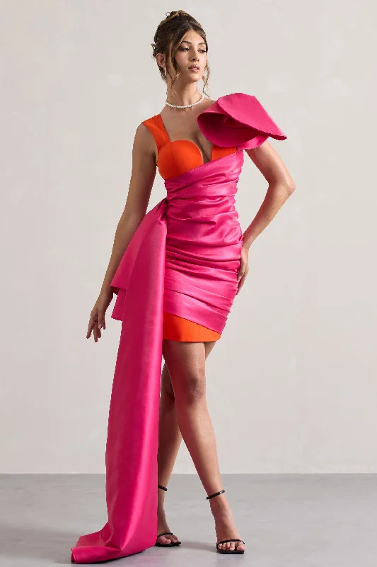 Rare | Pink & Orange Satin Wrap Mini Dress Peplum Drape Classic Solid Mini Dress