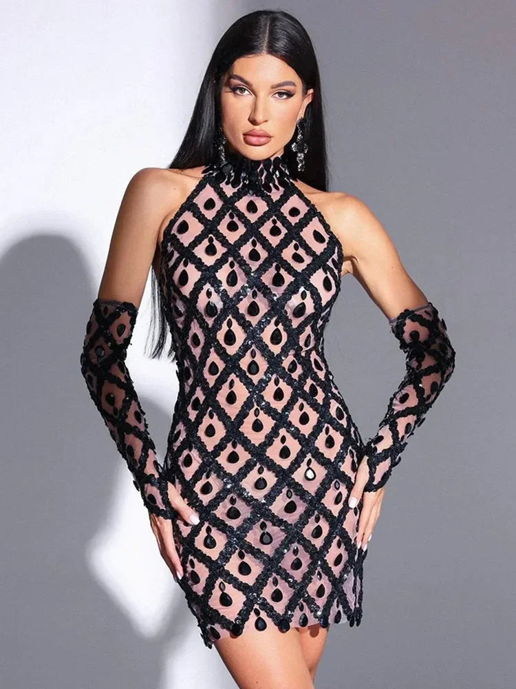 Rhinestone Black Gloves Mini Dress Fashionable Party Mini Dress