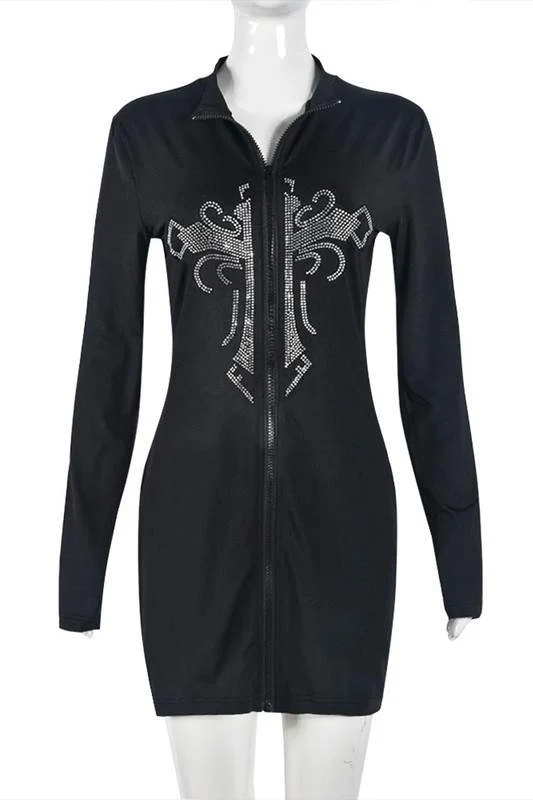 RHINESTONES MINI DRESS Comfortable Zip-Up Mini Dress