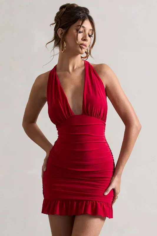 Rodeo | Red Ruched Plunge Halter-Neck Mini Dress Classic Floral Print Mini Dress