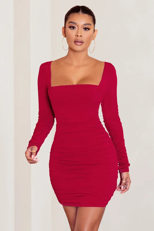 Muse | Red Long Sleeve Square Neck Ruched Mini Dress Elegant Floral-Print Mini Dress