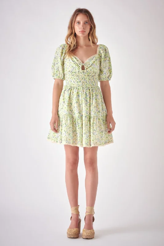 Free The Roses -  Shirred Waist Milkmaid Mini Dress Comfortable One-Shoulder Mini Dress