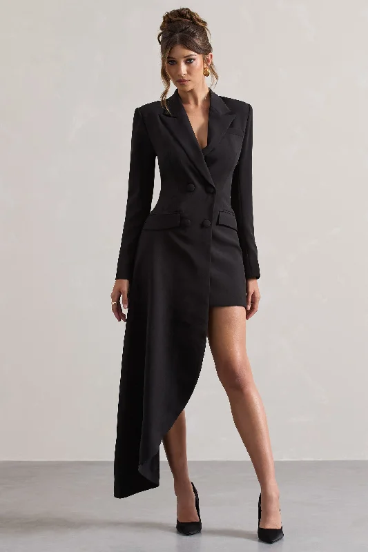 Spiral | Black Tailored Blazer Mini Dress With Asymmetric Hem Stylish Sweetheart Neck Mini Dress