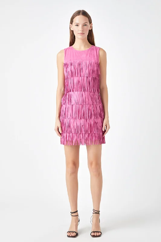 Endless Rose - Tiered Faux Suede Fringe Mini Dress Comfortable Bodycon Mini Dress