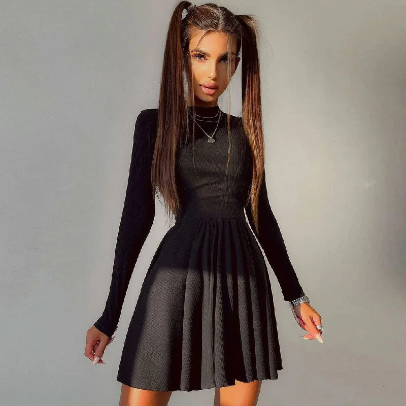 Sweet Rib Knit Cut Out Back Long Sleeve Skater Mini Dress - Black Comfortable Smocked Mini Dress