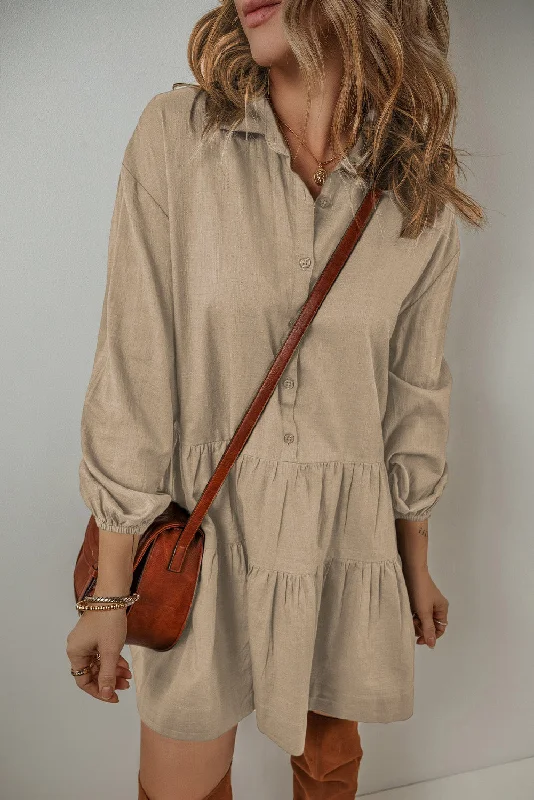 Tan Puff Sleeve Buttoned Tiered Pleated Shirt Mini Dress Cozy Cowl Neck Mini Dress