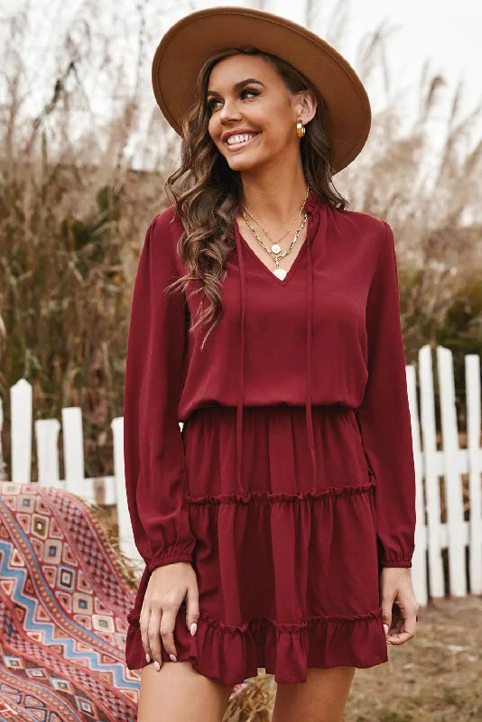 Tied Frill Trim Puff Sleeve Mini Dress Elegant Off-Shoulder Dress Mini