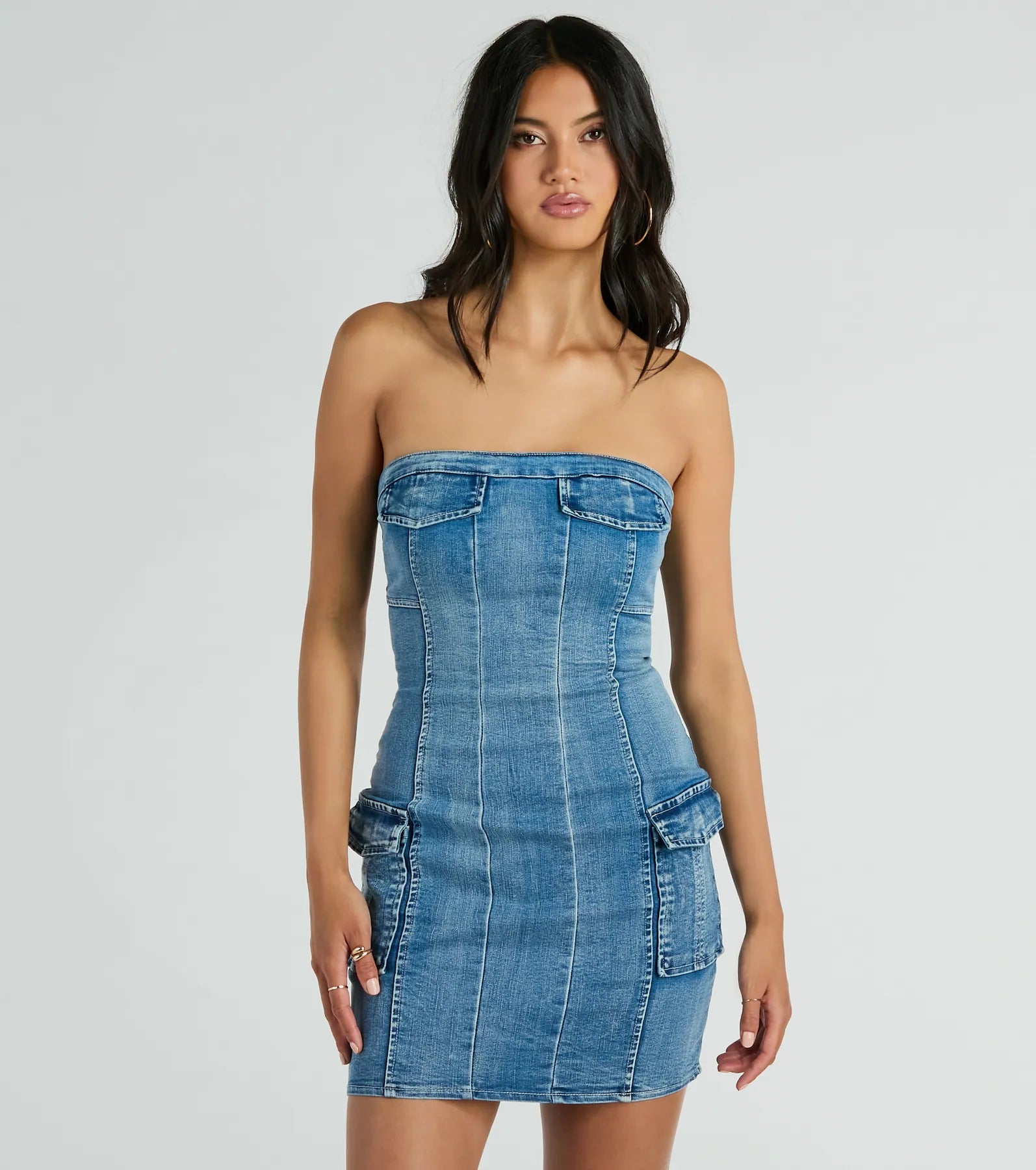 Trendy Girl Next Door Strapless Denim Mini Dress Comfortable Smocked Mini Dress