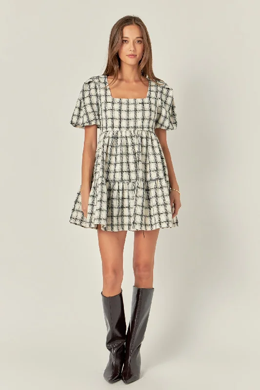 English Factory - Tweed Mini Gingham Dress Comfortable Off-Shoulder Mini Dress