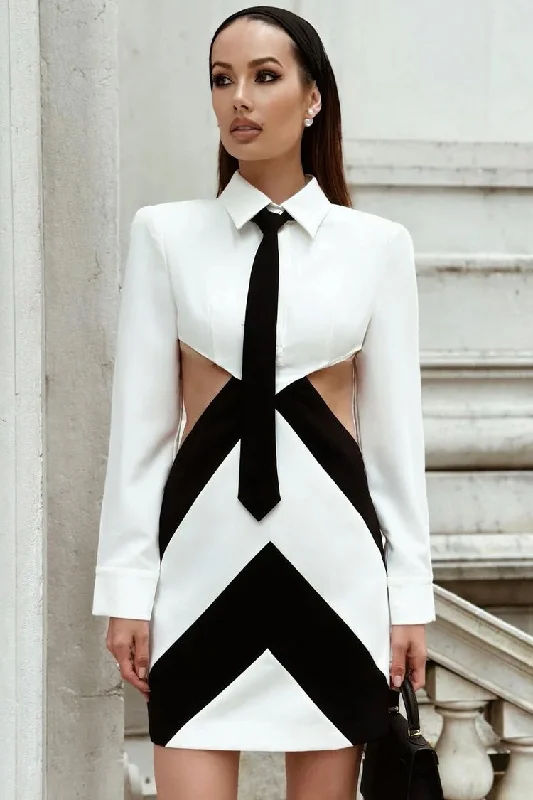 Unique Contrast Chevron Collar Tie Long Sleeve Cutout Party Mini Dress Fashionable Mini Dress with Pockets