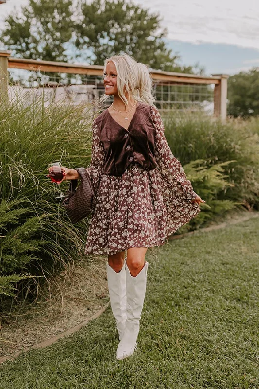 Uptown Cafe Floral Mini Dress in Chestnut Trendy Crossover Mini Dress