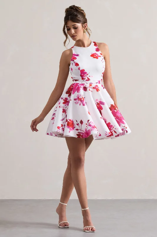 Waverly | Pink Floral Racer-Neck Sleeveless Skater Mini Dress Chic Tropical Mini Dress